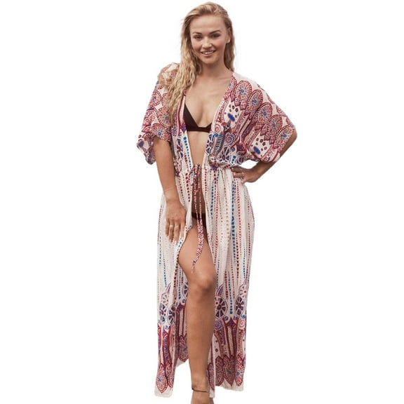 EDOLYNSA Casual Bikini Cover-ups Blue Tunic Boho Printed Summer Plus Size Beach Wear Swim Suit Cover Up