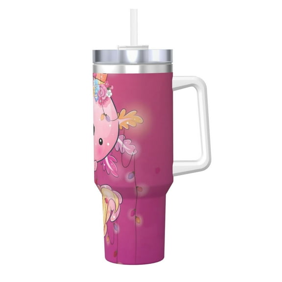 Uemuo Cute Pink Axolotl A Print 40oz Ice Bully With Handle And Straw Stainless Steel Vacuum Insulated Cup And 2 In 1 Straw Lid Insulated Travel Tumbler