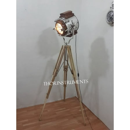Hollywood Photography Chrome Studio Floor Lamp Searchlight Spot Light Teak Wooden Tripod Stand