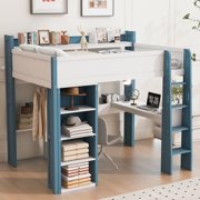 Euroco Wood Full Size Loft Bed with Storage Headboard, Bookcase. Desk and Clothes Hanger for Kids Teens Adults, White&Blue