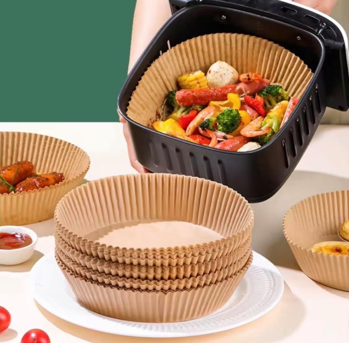 JJEAN-Round, disposable air fryer liners that make cooking and cleanup fast and worry‑free: each liner is made from unbleached, food‑grade parchment with a silicone coating.