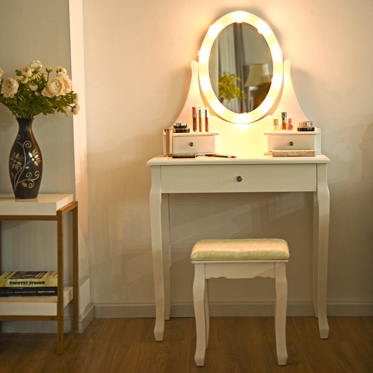 vanity makeup table set with lighted mirror