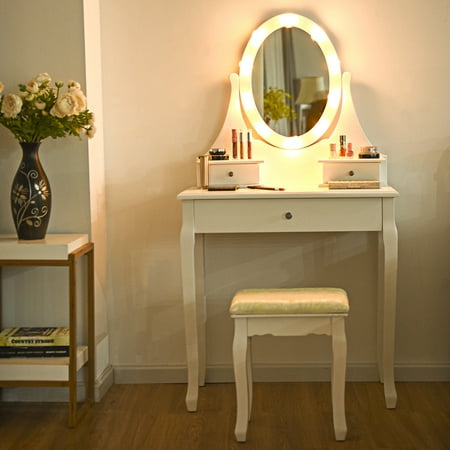 Gymax 3 Drawers Vanity Makeup Dressing Table Stool Set Lighted Mirror W/10 LED (Best Lighting For Dressing Table)