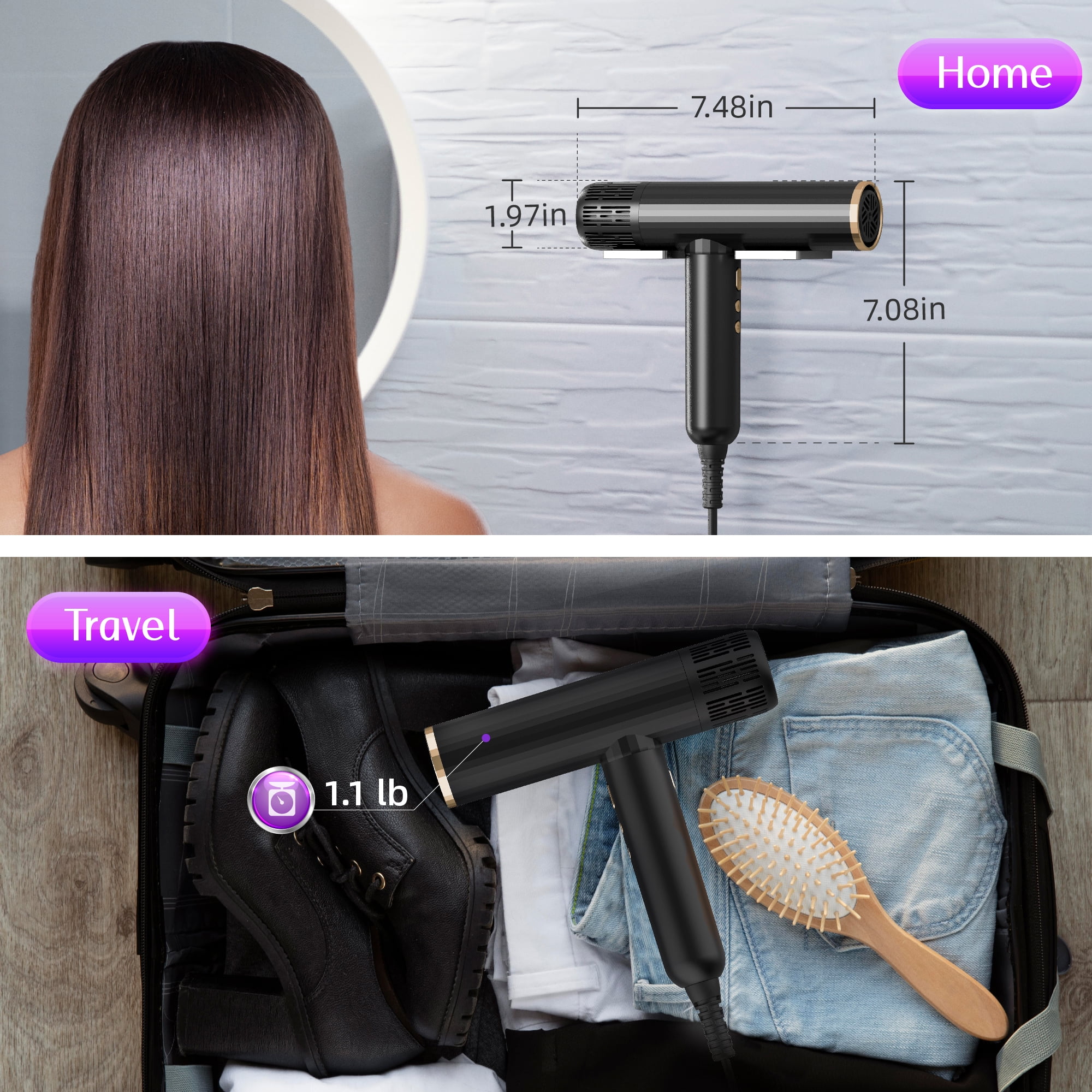 SKIMI Ionic Hair Dryer, High Speed 110000RPM Blow Dryer, Hair Blow Dryer with Diffuser for Women, Hot Tools Home / Travel, Fast Drying, Lightweight