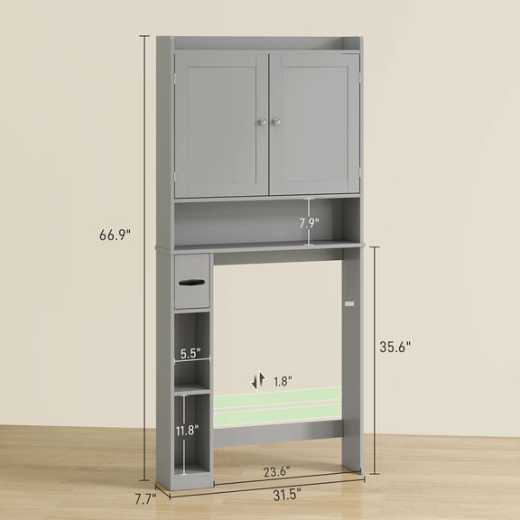 SSLZ Modern Over the Toilet Storage Cabinet with 2 Doors, Above Commode Storage Cabinet with Toilet Paper Holder, Gray