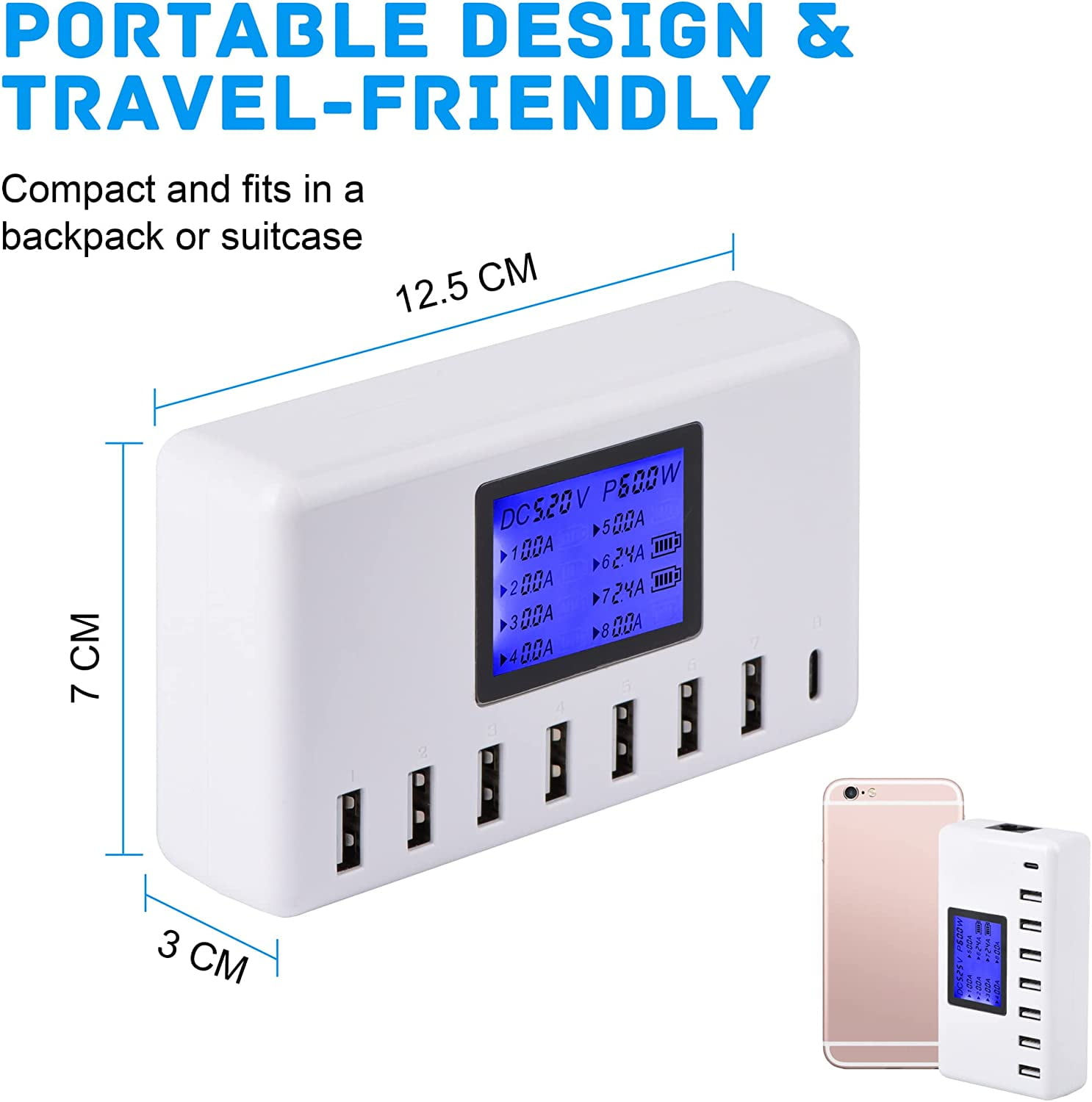 USB Charging Station, Ziwodiv 8-Ports USB Charger Station, 60W/12A Multi  Port USB C Hub Charger with LCD Display for Multiple Devices, Compact  Desktop Charging for iPhone iPad Samsung Android Tablet 