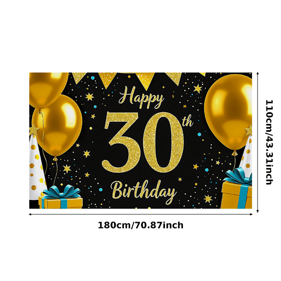 Glittery Gold 30th Birthday Banner with Balloons Stars Background, Party Decoration for Birthday Party Photography Props Celebrations