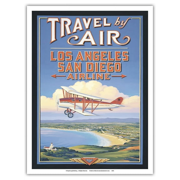 Travel by Air - Los Angeles San Diego Airline - Vintage Airline Travel Poster by Kerne Erickson - Master Art Print (Unframed) 9in x 12in