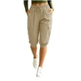 thumbnail image 3 of HomeDM Capris Pants for Women Drawstring Waist Cargo Joggers Khaki Comfy Workout Lounge Cropped with Pockets Size L, 3 of 8