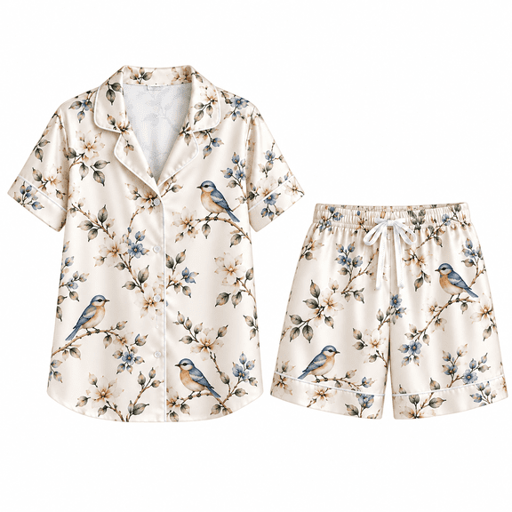 MERIVANE Bluebird All-over Print Satin Pajama Set Short-Sleeve, Floral Button Down Sleepwear