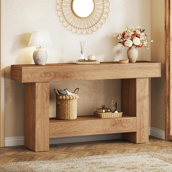 Tomnk 63 Inches Long Console Table, Sofa Table with Storage Behind Couch, Entryway Table with Open Storage, Farmhouse Console Tables for Entryway, Living Room, Hallway, Oak Color