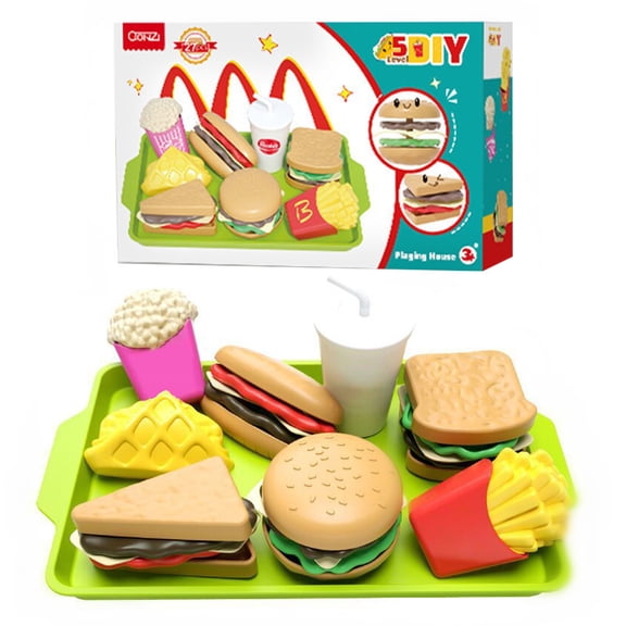 9Pcs Happy Kids Meal Hamburger and Hot Dog Play Set, Pizza Food Cooking Toy, with Toy Chess Burger, Fries, Hot Dog, Pizza, Coke, Ketchup, and Tray