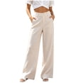 thumbnail image 2 of Qulqfy Linen Pants for Women Wide Leg Baggy Casual Petite High Waisted Button Beige Jogger Sweatpant L, 2 of 7