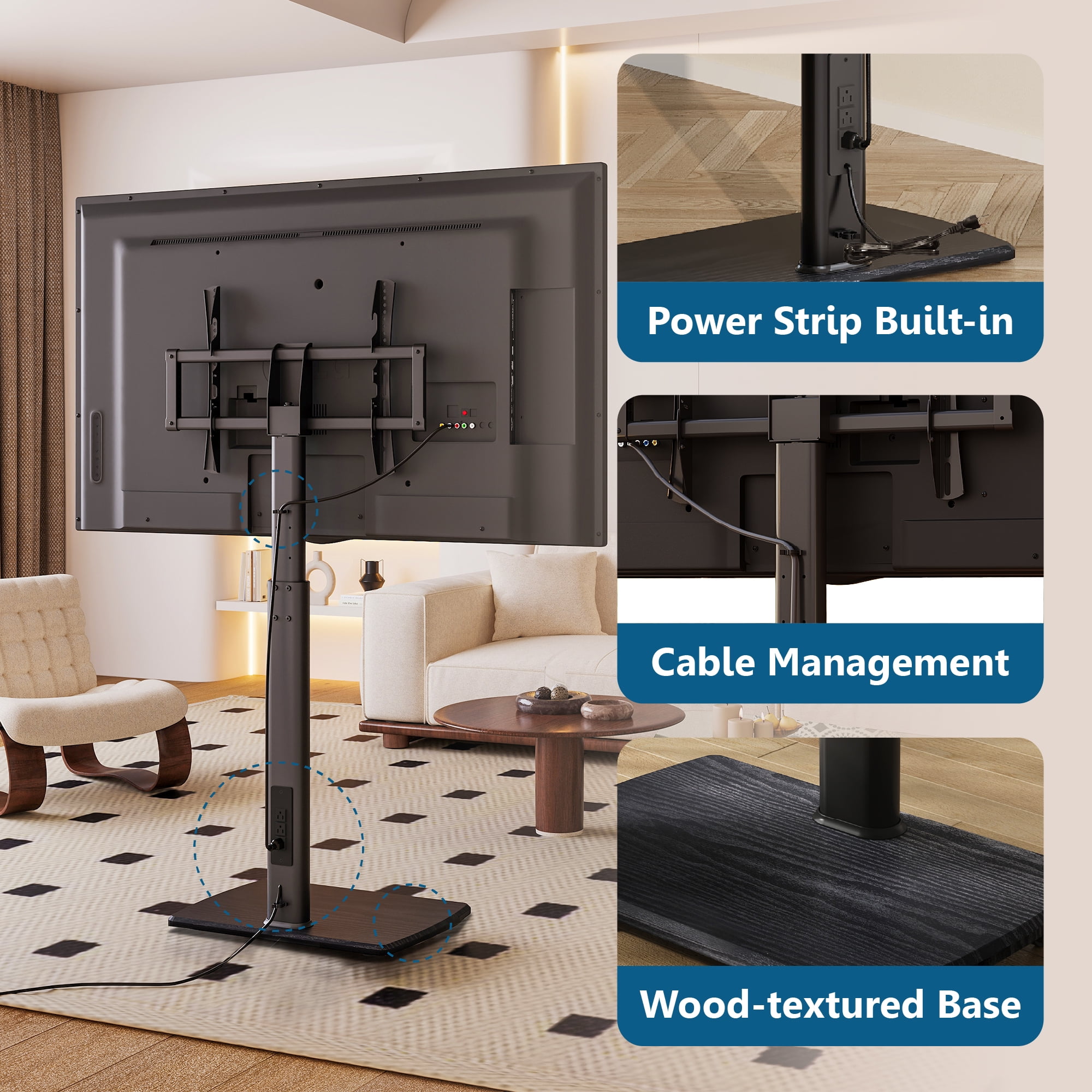 FITUEYES Modern Black Swivel Floor TV Stand for TVs up to 70 inch Metal Base with Power Strip Mount