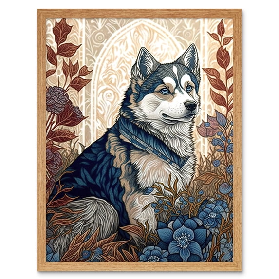 Siberian Husky Dog in Autumn Flower Field Modern Art Nouveau Illustration Art Print Framed Poster Wall Decor 12x16 inch