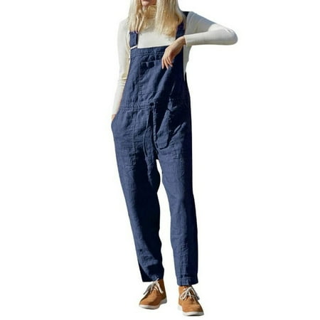 

Sngxgn Women Rompers And Jumpsuits Women s Summer Casual Cotton Bib Overalls Baggy Adjustable Wide Leg Jumpsuits with Pockets Blue XX-Large