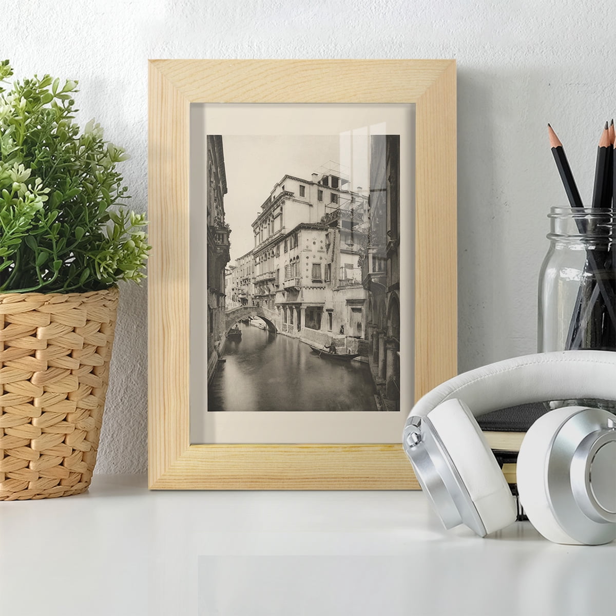 Vintage Views of Venice VI - Framed Print w/glass - Natural Wood