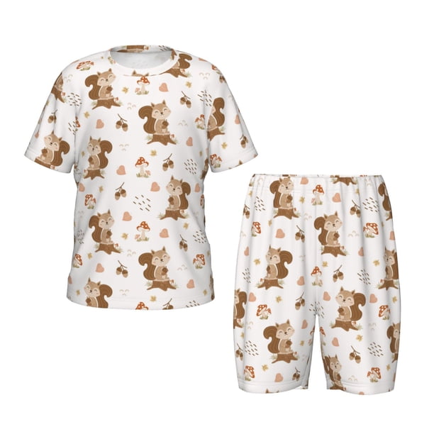 Balery Fall Squirrel Conjunto de Pijama Infantil de Manga Corta con Estampado – Ropa de Dormir de Algodón Suave-Medium