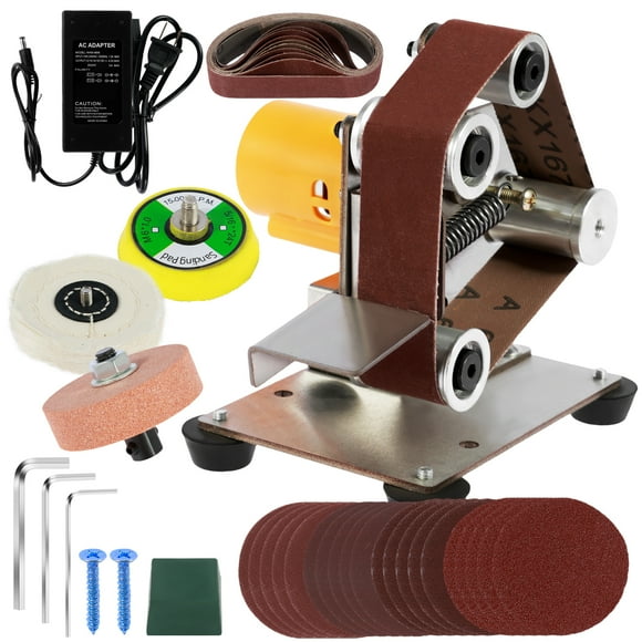 Wekvgz Mini Belt Sander Electric Bench Grinder Sanding Machine 7 Adjustable Speed Multifunctional Mini Bench Belt Grinder Kit with 10 Sanding Belt for DIY Woodworking Metal Cutter