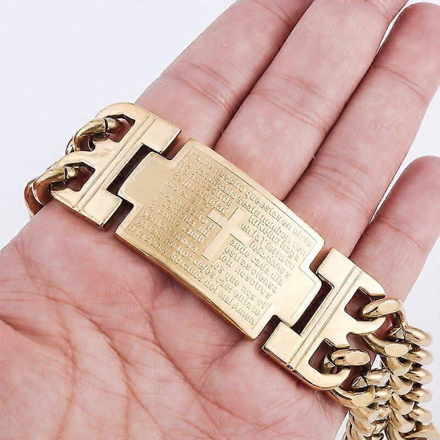 Stainless Steel Gold Color Cuban Chain Jesus Cross Scripture Bracelet Men s Prayer Amulet Bracelet Religious Christian Jewelry