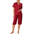 thumbnail image 2 of INSPIRE CHIC Ensembles de Pyjamas en Satin pour Femmes Manches Courtes Hauts à Boutons avec Pantalons Capri 2 Pcs Tenue d'Intérieur TP Rouge, 2 of 6