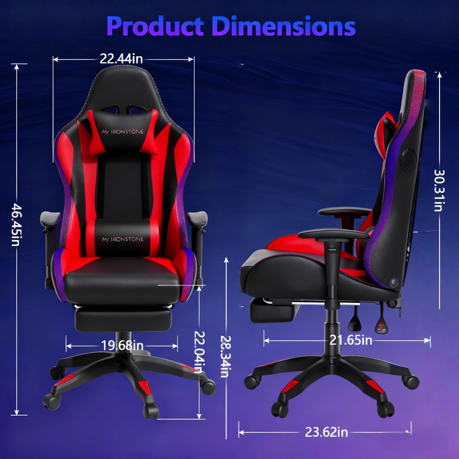 Mr IRONSTONE Gaming Chair for Adults, 7 Point Massage Computer Chair with Bluetooth Speakers RGB, Heavy Duty 400lbs Ergonomic PC Chair with 3D Armrests Footrest, Red/Black