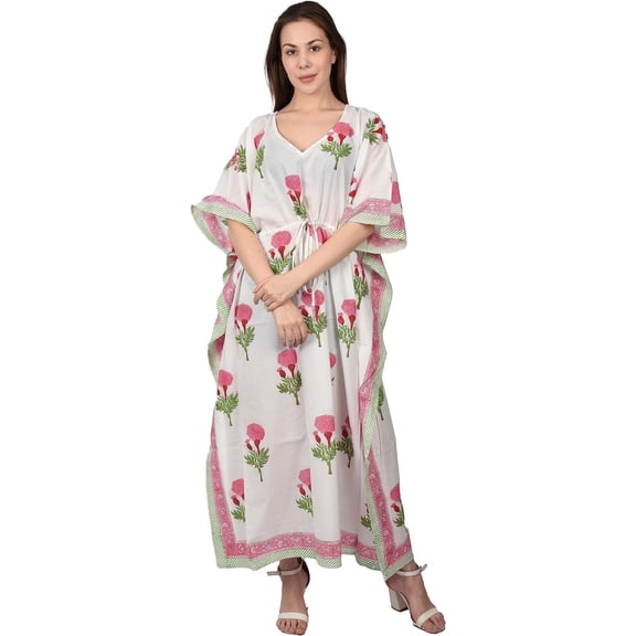 Women Cotton Long dress Fabric Venue Hand Block Printed Cotton Summer Caftan Dress Long kaftan Drawsting adjustable dress
