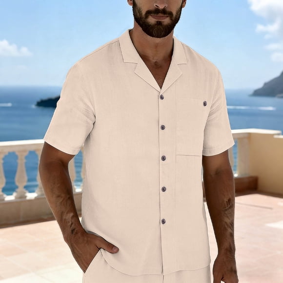 Kalauyu Mens Linen Shirts Short Sleeve Button Down Shirts Wrinkle Free Casual Vacation Beach Summer Tops