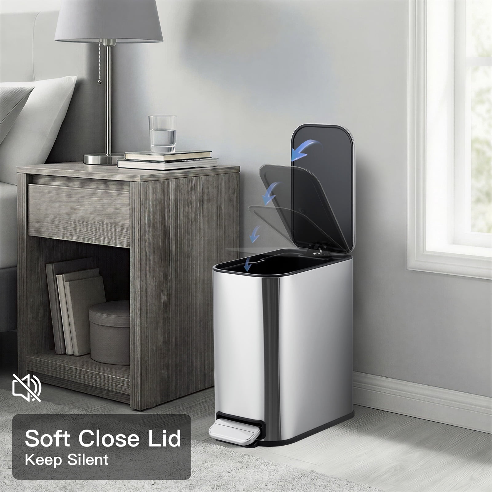 Bathroom Trash Can, 2.1 Gallon (8 L) Small Trash Bin with Lid, Slim for Small Spaces, Stainless Steel Garbage Can, Soft Close, for Home and Office