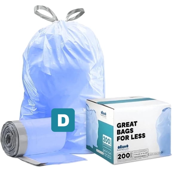 Plasticplace Custom Fit Trash Bags, Compatible with simplehuman Code D (200 Count) Tinted Blue Drawstring Garbage Liners 5.2 Gallon / 20 Liter, 15.75" x 28"