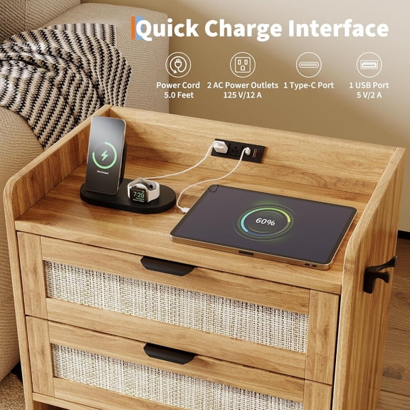 Set of 2 Rattan Nightstands with Type-C Charging Station – Boho Bedside Tables with 2 Drawers, USB & Outlets – Modern End Tables for Bedroom, Living Room, Office – Walnut