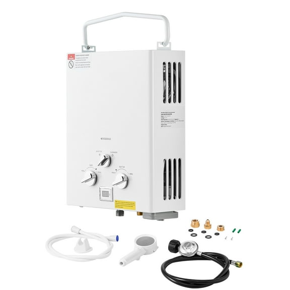 KFFKFF Compact Propane Water Heater, Outdoor 5L Tankless Water Heater, 34000 BTU 1.32 GPM Instant Warm Water, Including Accessory Kit   Regulator for RV Excursions and Cabin Stays