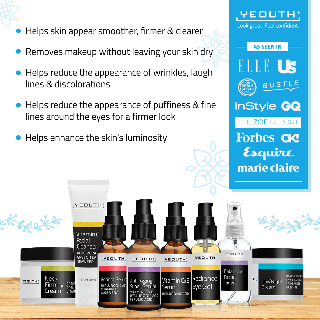YEOUTH Skin Care Set 8-Piece: Retinol Serum with Hyaluronic Acid, Vitamin C & Anti Aging Face Serum, Cleanser, Toner, Eye Gel, Neck Cream, Face Cream