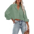 thumbnail image 2 of Langwyqu Turn-Down Collar Women Solid Button Crop Tops Lapel Blouse With Pocket, 2 of 5