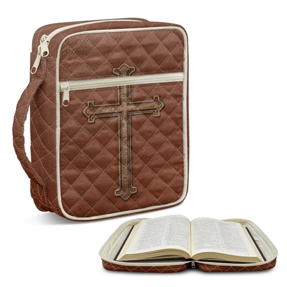 FOR U DESIGNS Cross Brown Pattern Bible Case Handbag with Handle Quilted Bible Holder Case Bible Journaling Supplies Bible Carrier Tote Bag for Bible Study/Daily Use