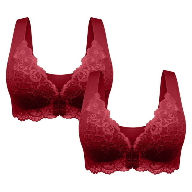 FAIWAD 2Pcs Women's Front Closure Lace Bra Plus Size Full Coverage Wireless Bralettes Comfy Breathable Everyday Underwear