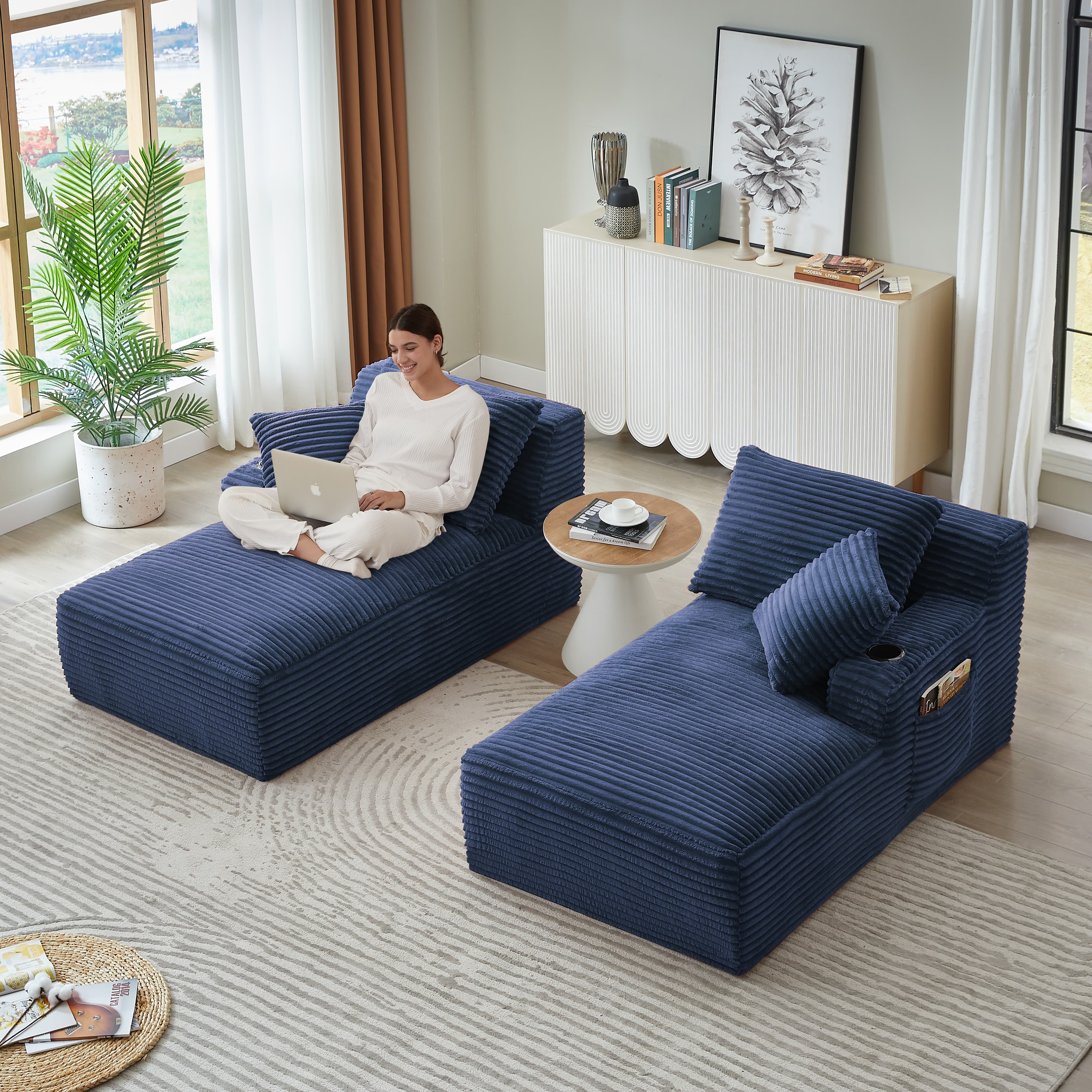 MAYEERTY Compressible Corduroy Double Chaise Sofa, Modern Sectional Loveseat with Cup Holders for Living Room, 71*62*34"Blue