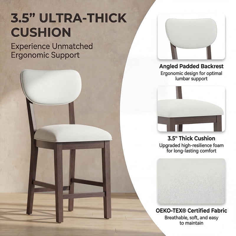 COLAMY Set of 4 Counter Height Bar Stools, Solid Wood Upholstered Barstools with Backrest, Modern Farmhouse Fabric Kitchen Island Stools，Brown
