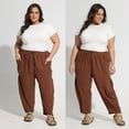 thumbnail image 6 of CASSIE LIZ Womens Plus Size Pants 2X Brown Summer Wide Leg Knit Palazzo Pants Lounge Ladies Casual Drawstring Harem Fall Pants with Pocket 2XL 18W 20W, 6 of 8