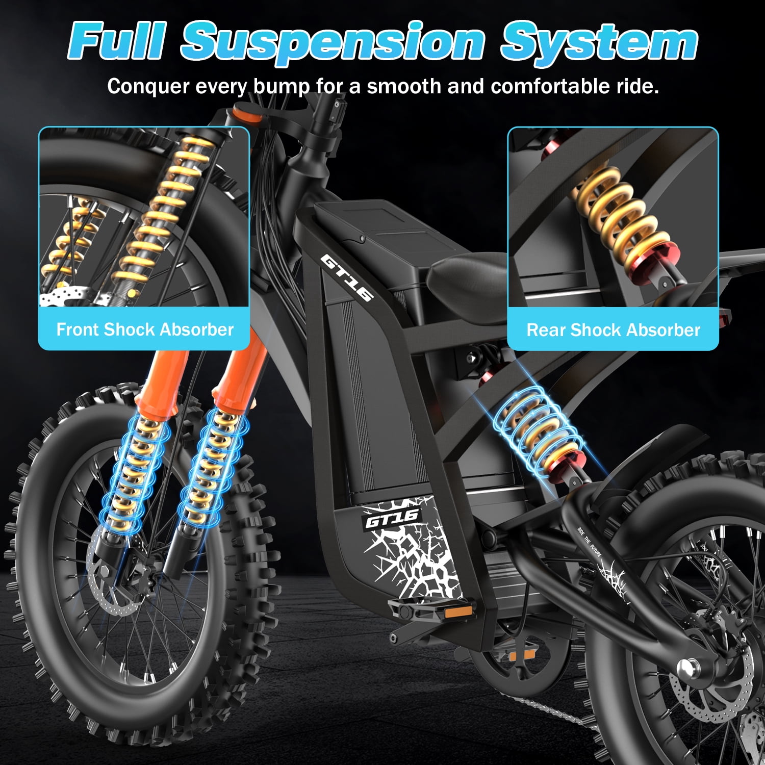 ASKGO GT16 Electric Dirt Bike for Adults,3000W Peak Electric Motorcycle 40MPH 48V 30A Battery,100Miles Electric Bike,16"Tire Ebike,Dual Hydraulic Brakes E Mountain Bike,Full Suspension,UL2849