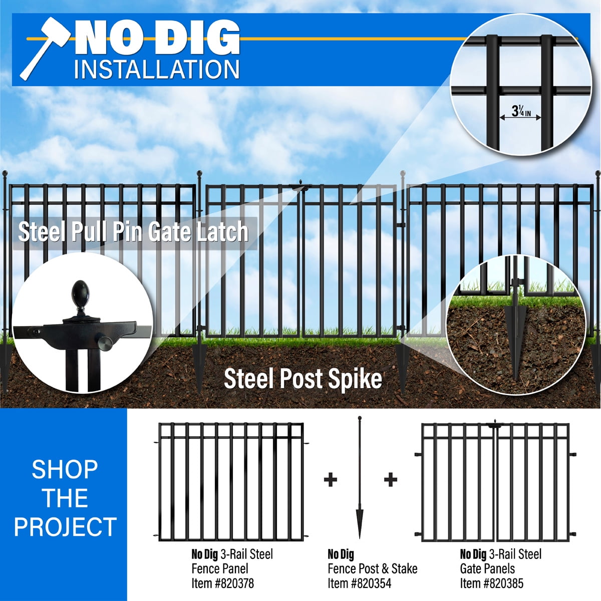 Yardlink Black Steel 3-Rail Fence Panel, 34 inch H x 47 inch W