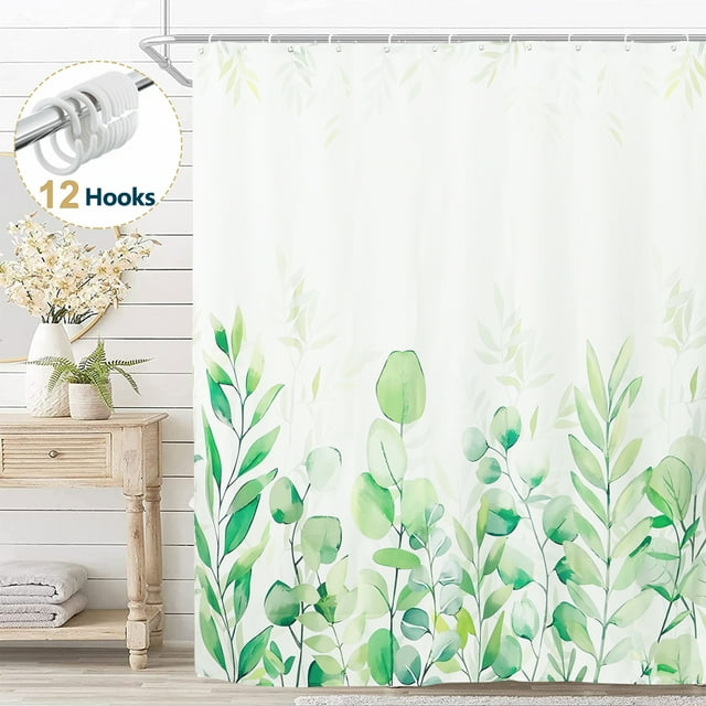 Dznils Cortina Shower de Tela de Eucalipto Verde, Cortina de Baño Floral Moderna con Ganchos, 72 x 72