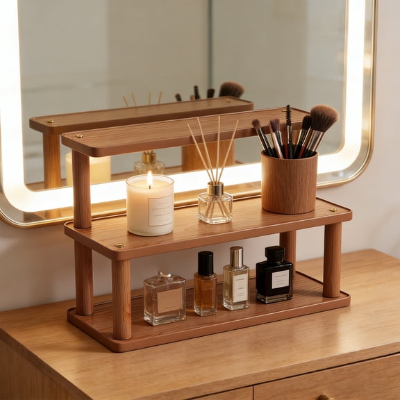 Bcylexb 2-Tier Wooden Desktop Storage Shelf, Vintage Countertop Storage Rack for Makeup, Office Supplies & Bathroom Accessories