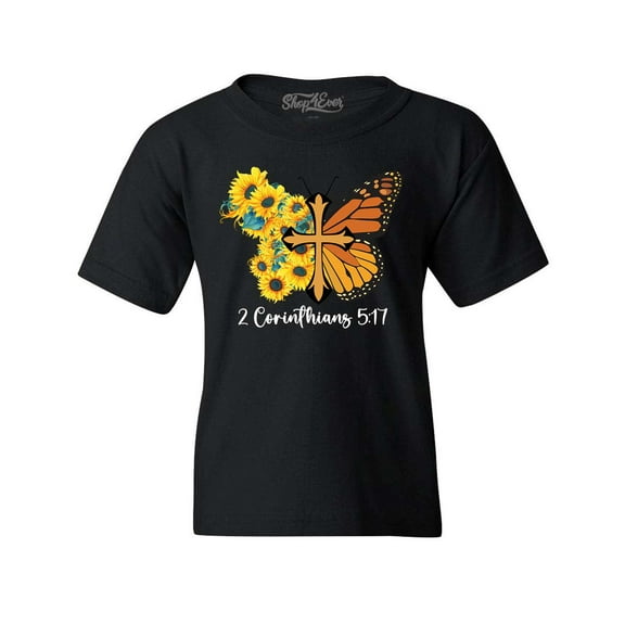 Shop4Ever Kids Monarch Butterfly with Sunflowers and Cross Graphic Child's Youth T-Shirt Small Black