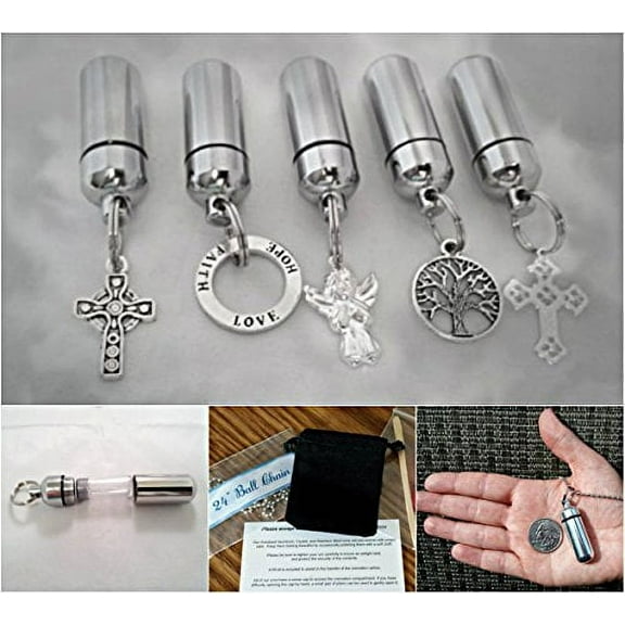 Assortment of FIVE Silver CREMATION URN Keepsakes with ENGRAVED Heart - Celtic Cross/Angel/Tree Of Life/Love-Hope-Faith/Lace Cross - Includes Velvet Pouches, Ball-Chains and Fill Kit