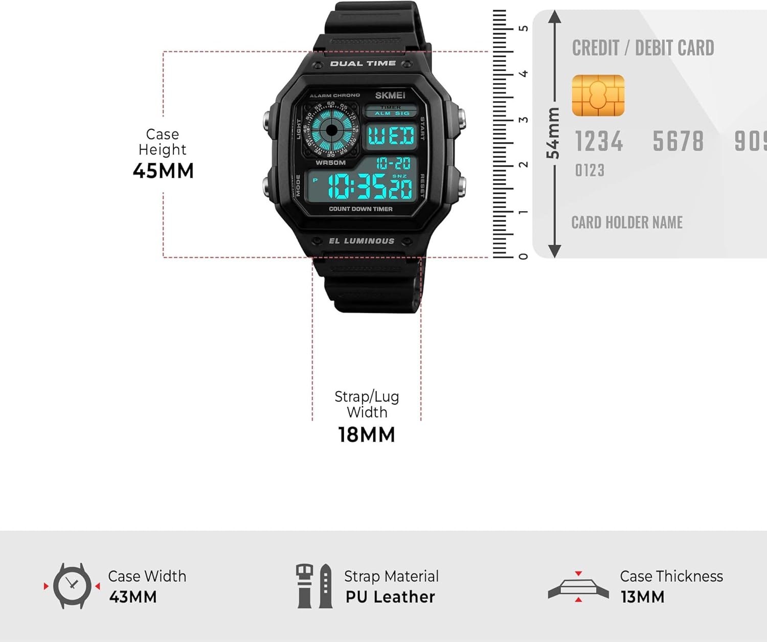 Wrist Watch for Men, Digital Sports Waterproof Watch with Dual Time Chronograph Countdown Alarm Backlight
