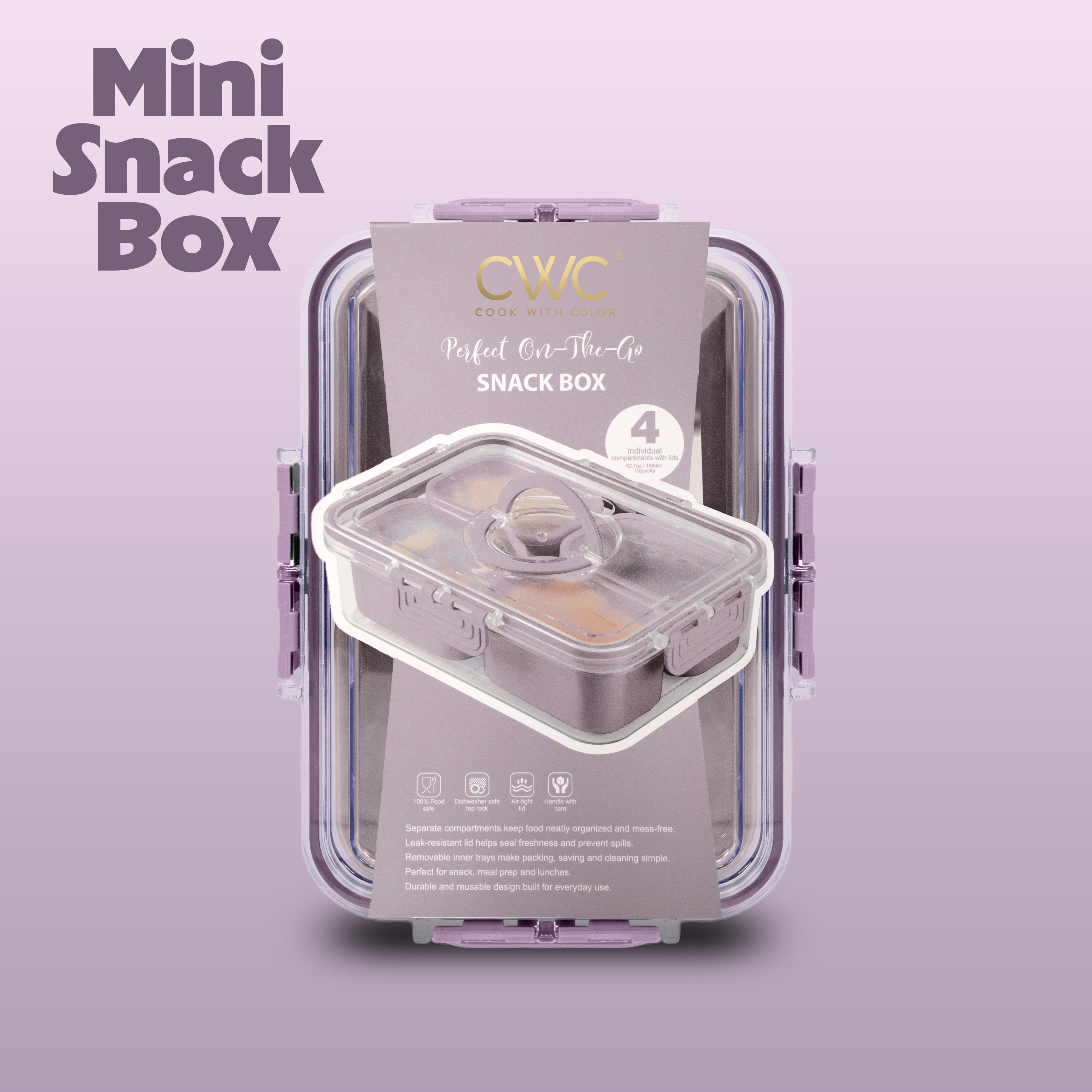 Cook with Color 4-Compartment Mini Snack Box Food Storage Carrier and Container, Charcuterie Container, Purple, Portable and Dishwasher Safe, Designed to Help with Packed Lunches and Daily Commutes