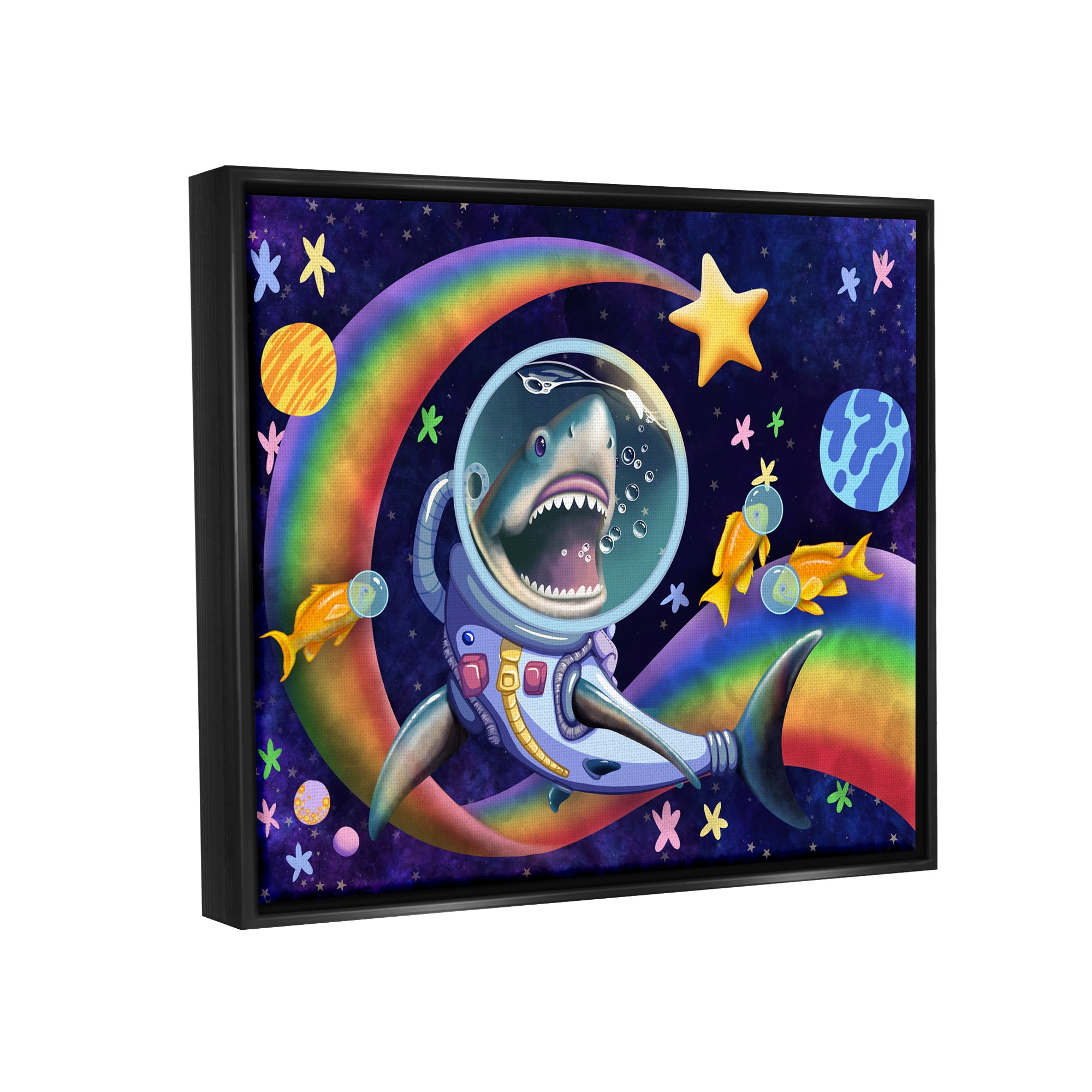 Stupell Industries Shark in Outer Space Animals & Insects Painting Black Floater Framed Canvas Art Print Wall Art, 21 x 17