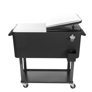 Portable Rolling Cooler Ice Chest Cart Trolley for Outdoor Patio Deck Party Beer Cooler Cart Cover 80Quart Qt Rolling Cooler on Wheels Backyard Party Drink Beverage Bar Bottle Opener