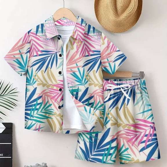 Pretxorve Kids Girls Boys Outfit Set Summer Trendy Tropical Short Sleeve Button Down Shirt Shorts Outfits 7-14Y